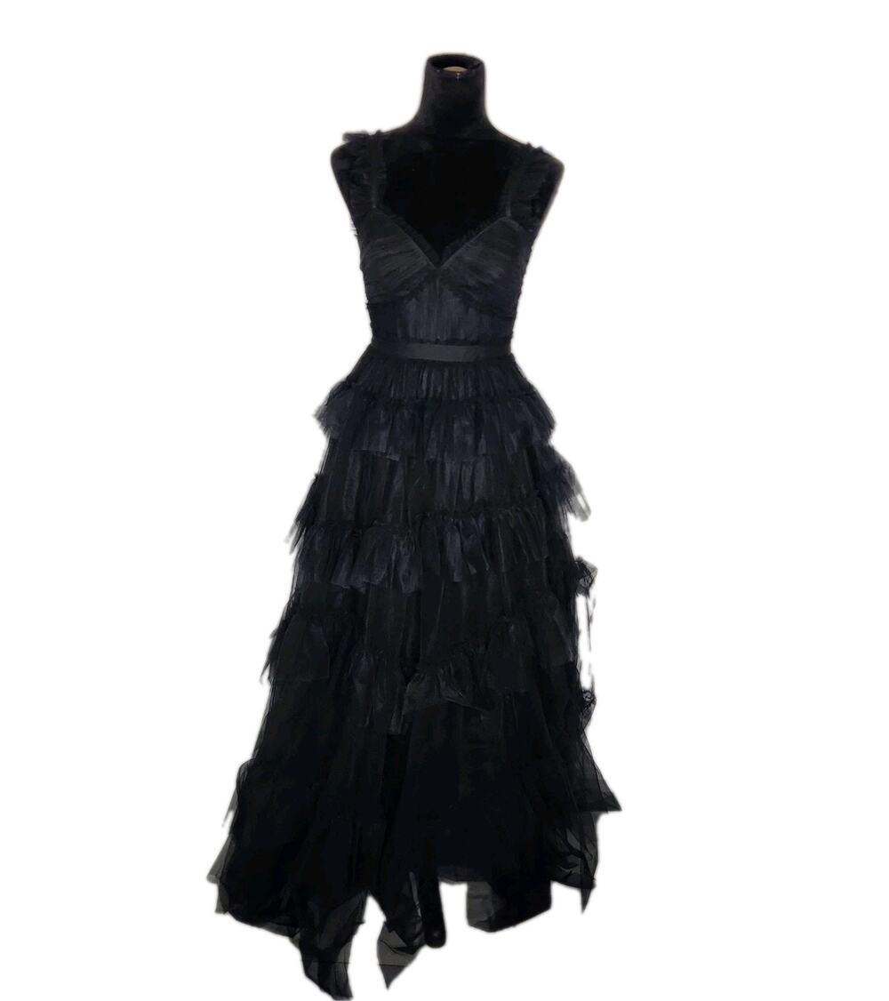 BCBGMAXAZRIA Black Tulle Tiered Maxi Dress Ruffle V Neck Formal Size 2